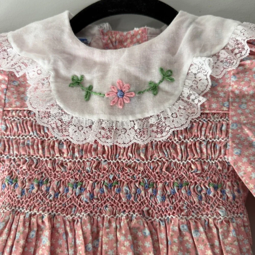 Vintage Smocked Floral Dress Girls Toddler Pink Lace Collar‎ Long Sleeve
